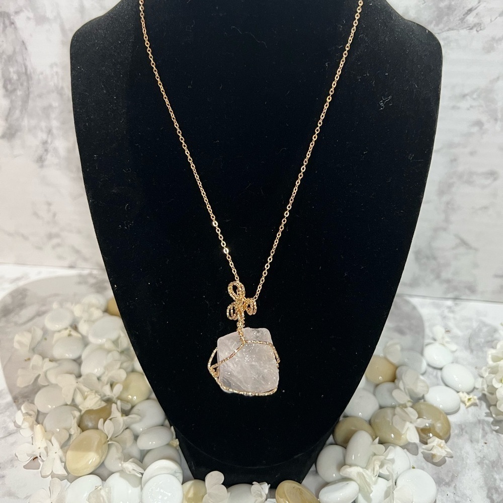 Gold Wire-Wrap Rose Quartz Necklace - Feminine Pink Pendant